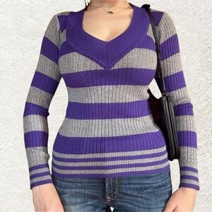 Lei Purple and Gray V-Neck Sweater